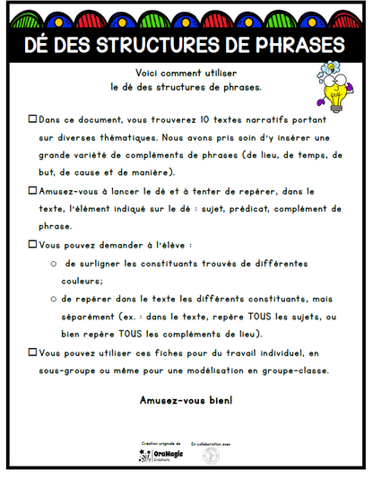 Dé de structure de phrase | Outils de langage | En collaboration avec OraMagie
