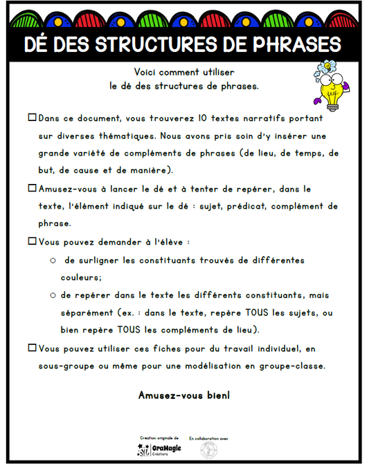 Dé de structure de phrase | Outils de langage | En collaboration avec OraMagie