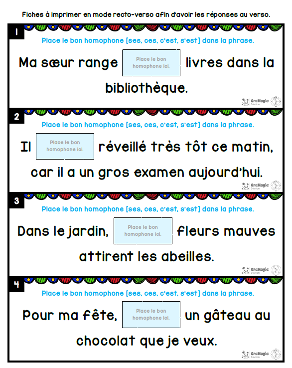 Homophones [ces], [ses], [c'est] et [s'est] | Outils de langage | En collaboration avec OraMagie